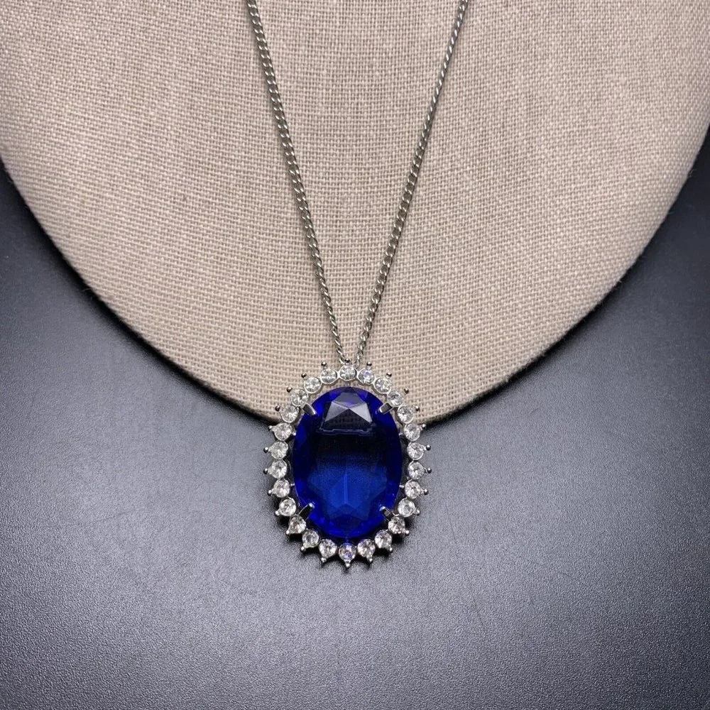 Faux Sapphire Pendant Necklace or Brooch Glass Oval Silver Tone Glam Vintage